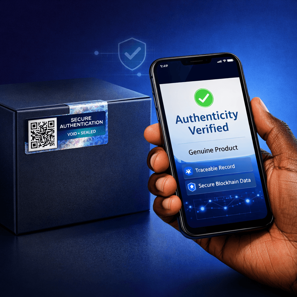 Product authentication app confirming authenticity beside secure packaging