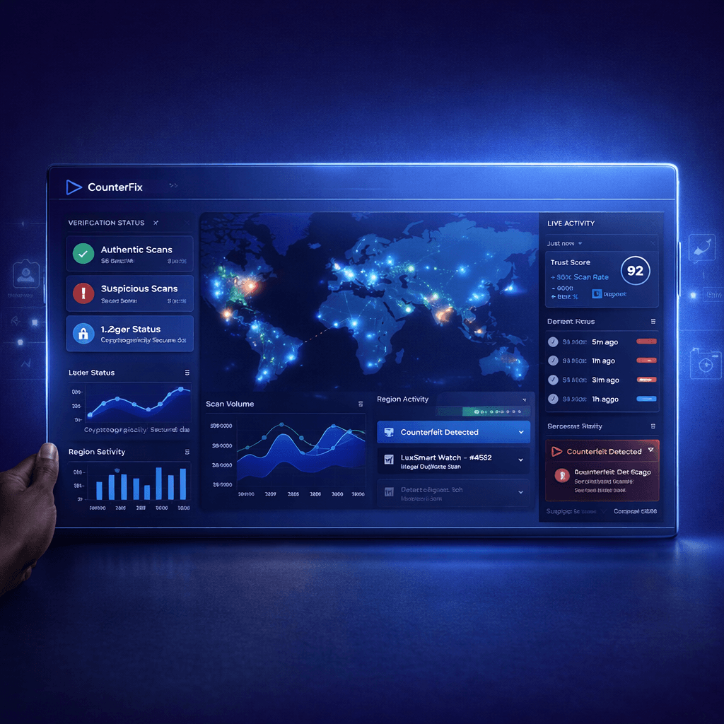 CounterFix analytics dashboard with global verification and live activity data